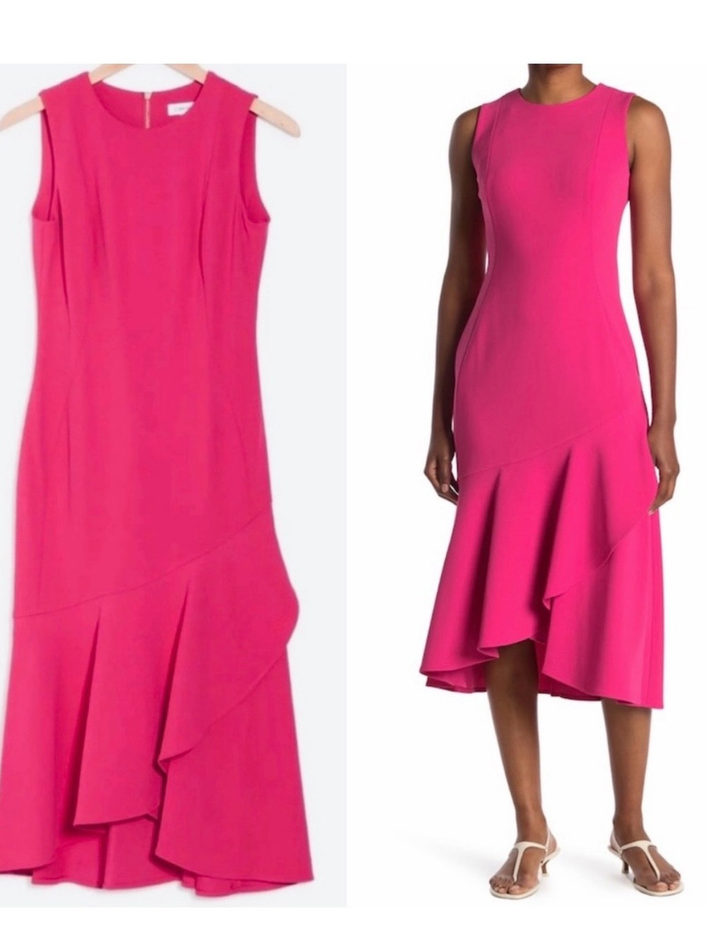 Calvin Klein Bright Pink Sleeveless High-Low Ruffle Dress